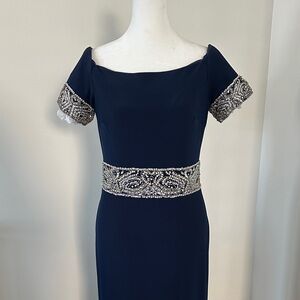 Sophisticated Navy Dress with Silver Detailing
